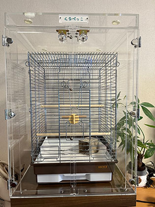 鳥かごを入れたアクリルケース