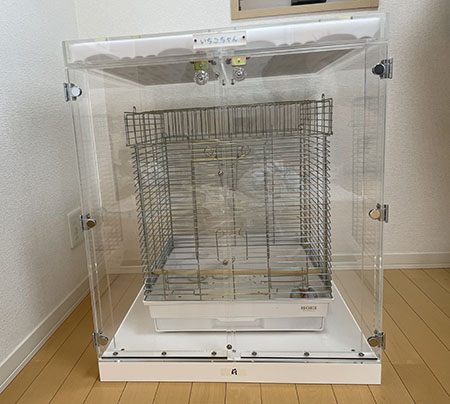 オキナインコの鳥かごを入れたアクリルケース
